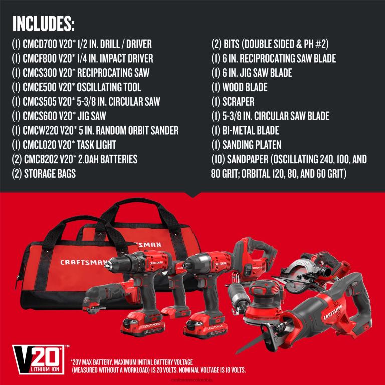 Herramientas eléctricas Kit combinado de herramientas eléctricas de 8 herramientas con estuche blando (2 baterías incluidas y cargador incluido) CRAFTSMAN TR4N4
