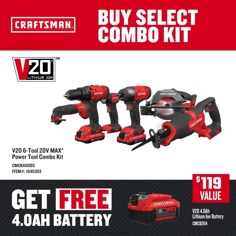 Herramientas eléctricas Kit combinado de herramientas eléctricas v20 de 6 herramientas con estuche blando (2 baterías incluidas y cargador incluido) CRAFTSMAN TR4N6