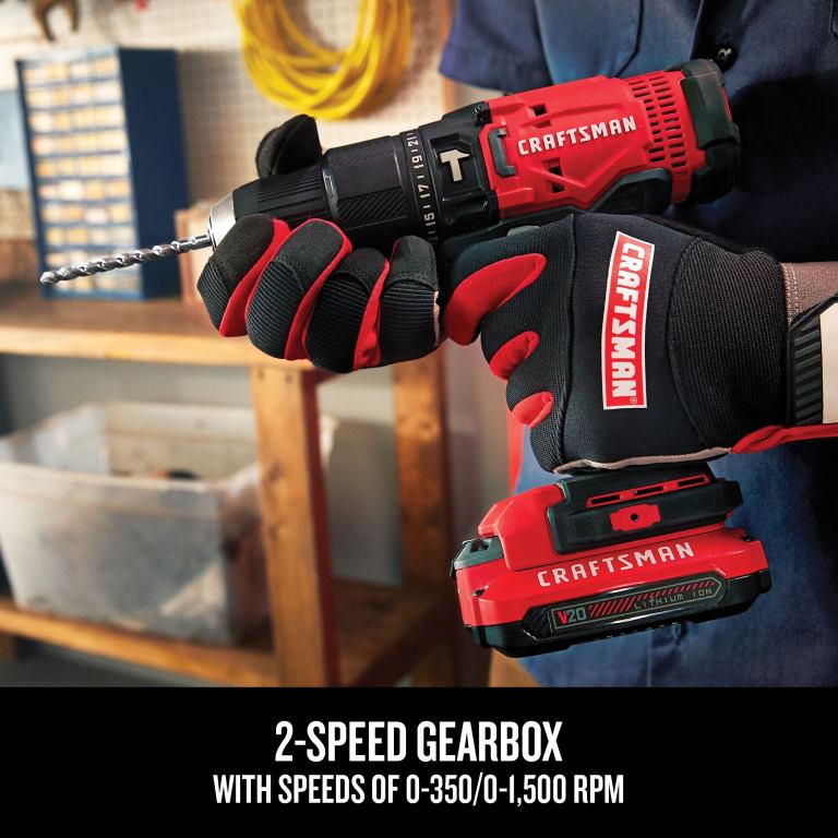 Herramientas eléctricas Taladro percutor inalámbrico de velocidad variable y amperaje máximo de 20 voltios y 1/2 pulgada (2 baterías incluidas) CRAFTSMAN TR4N163