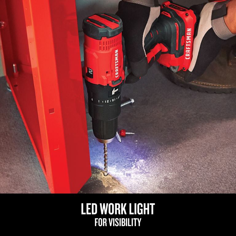 Herramientas eléctricas Taladro percutor inalámbrico de velocidad variable y amperaje máximo de 20 voltios y 1/2 pulgada (2 baterías incluidas) CRAFTSMAN TR4N163